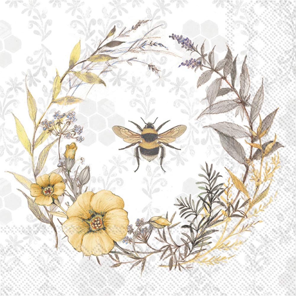 Bee Wildflower Wreath Disposable Napkins 20 Count 3 Ply Paper Napkins 6.5 Inches