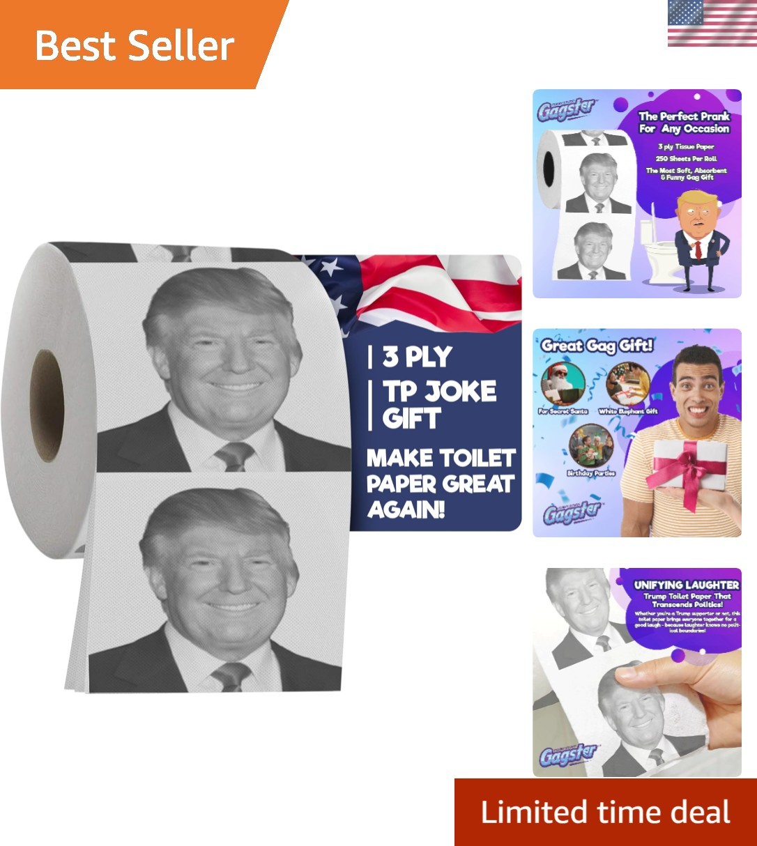 Donald Trump Toilet Paper Roll – 3 Ply Funny Novelty Bathroom Tissue Gag – 20…