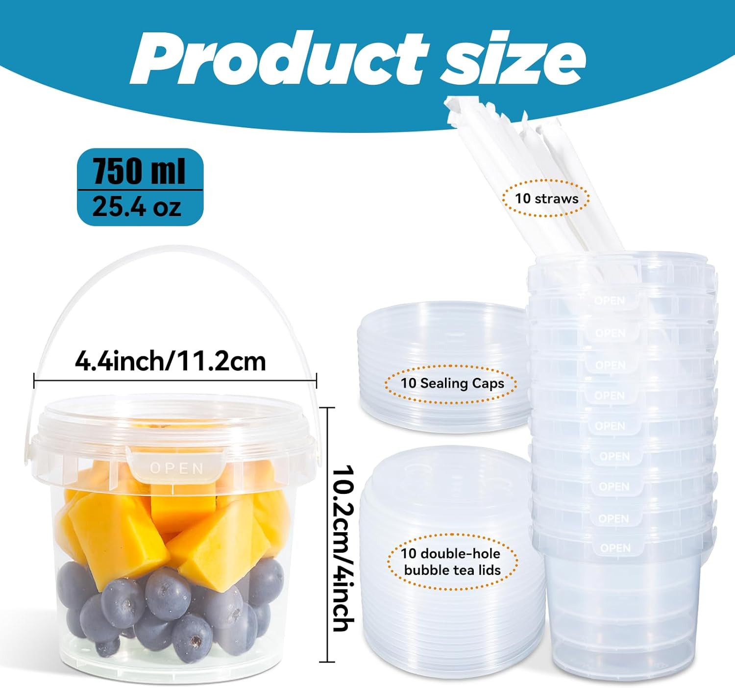 25Oz Reusable Plastic Drink Buckets with Lids and Straws – 10 Pack