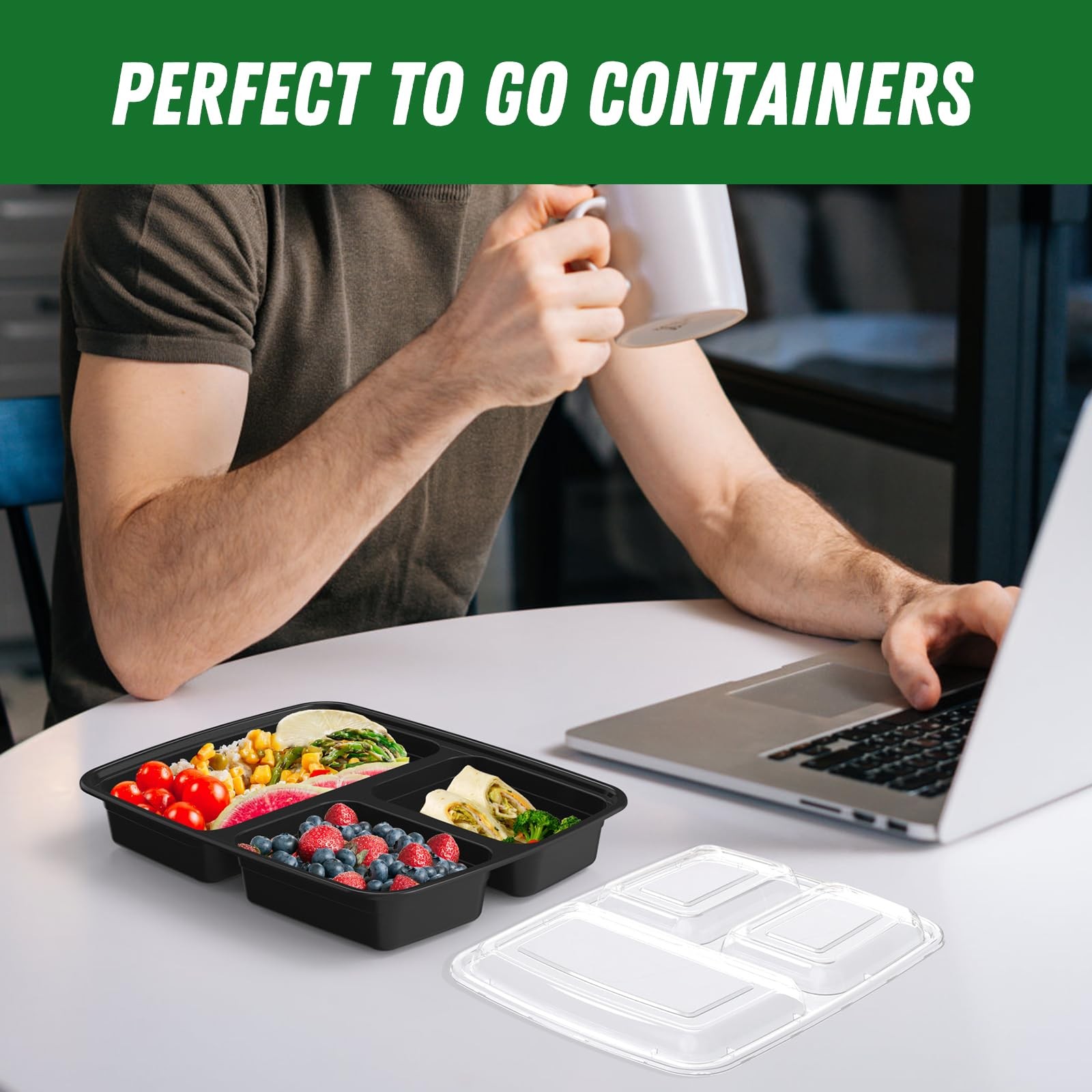 50 Pack (100-Piece) 32 oz Meal Prep Containers Reusable with Lids 3-Compartment,