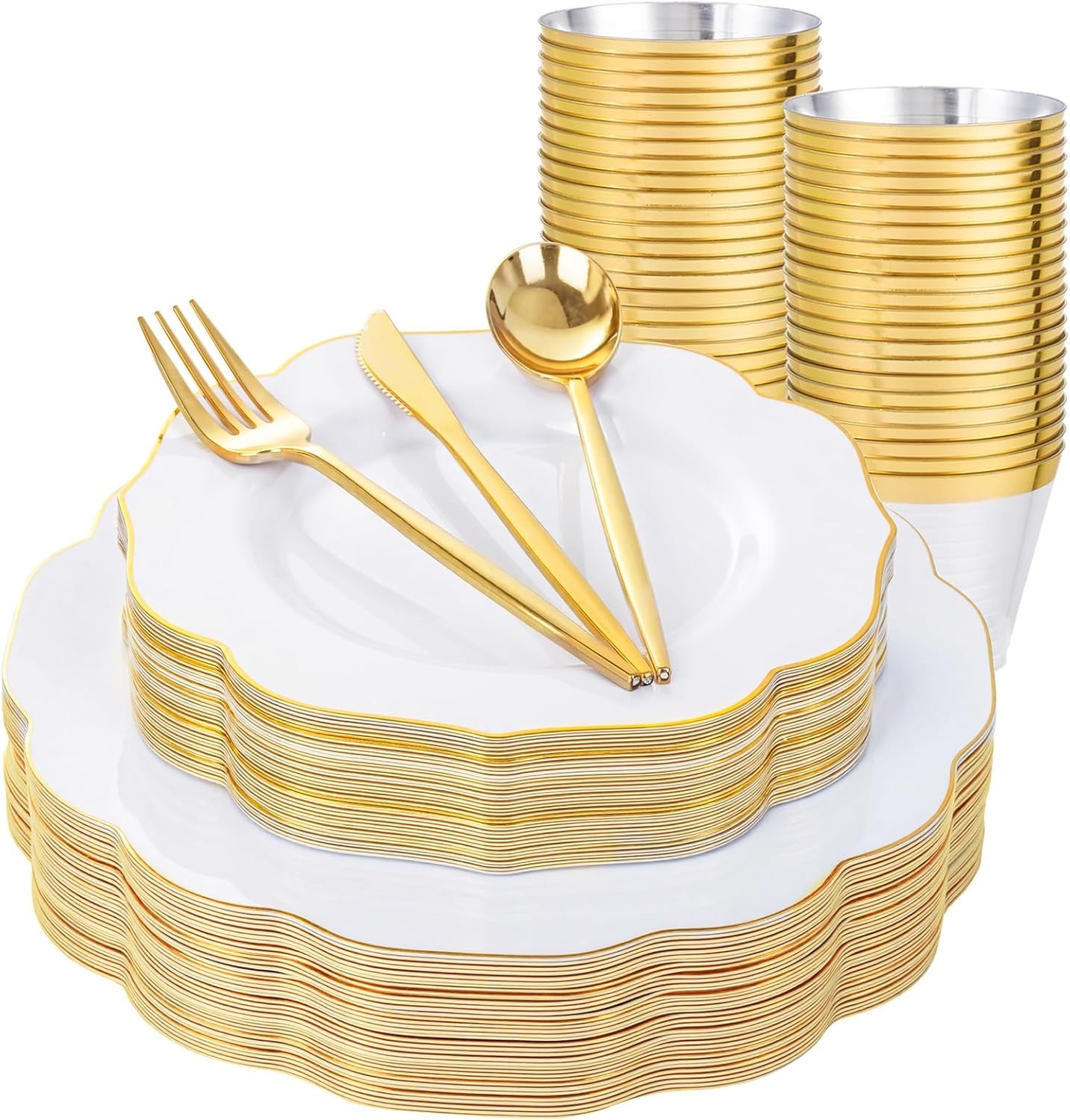 180PCS White and Gold Plastic Plates Disposable – White with