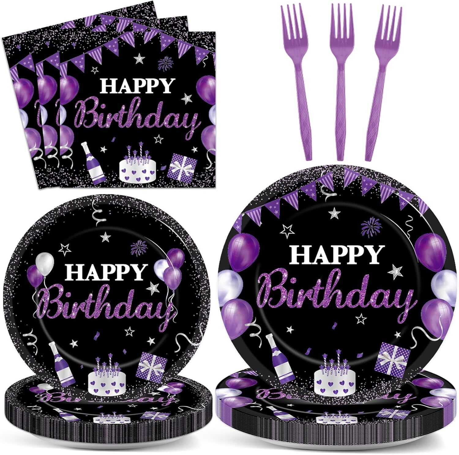 96Pcs Purple Birthday Party Supplies Purple and Black Paper Plates Napkins Happy