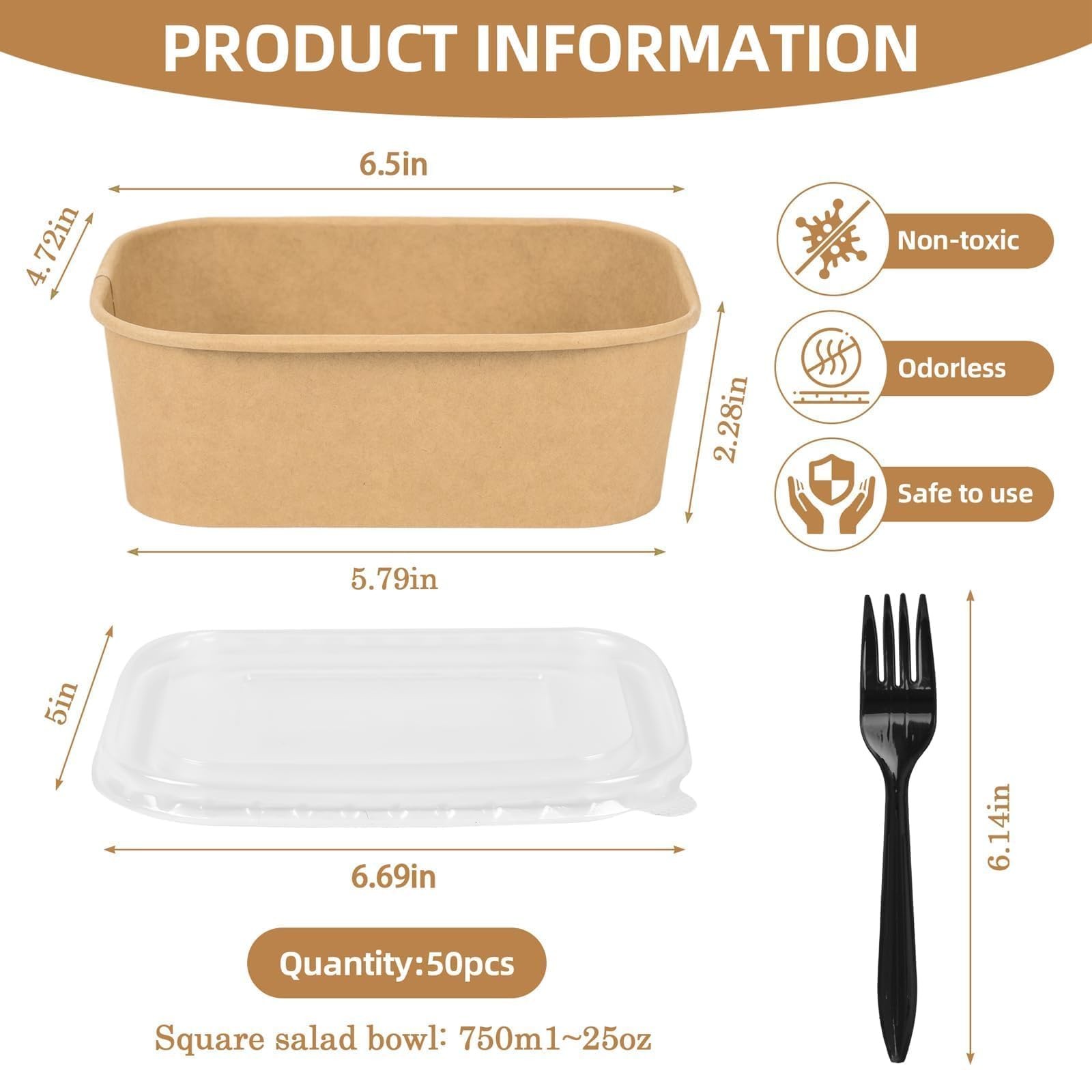 Peseojiar 50 Pack Disposable Meal Prep Containers, 25oz Disposable Large Pape…