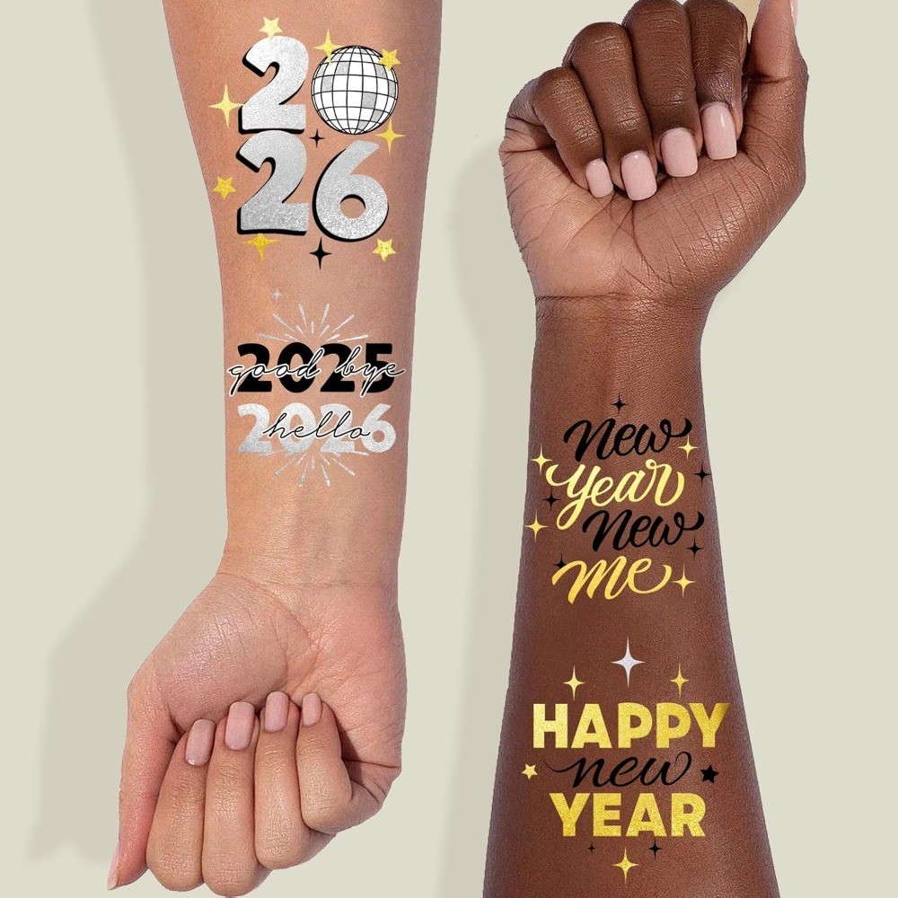 New Years Eve Party Supplies 2026 Temporary Tattoos 40 Gold Silver Foil Styles