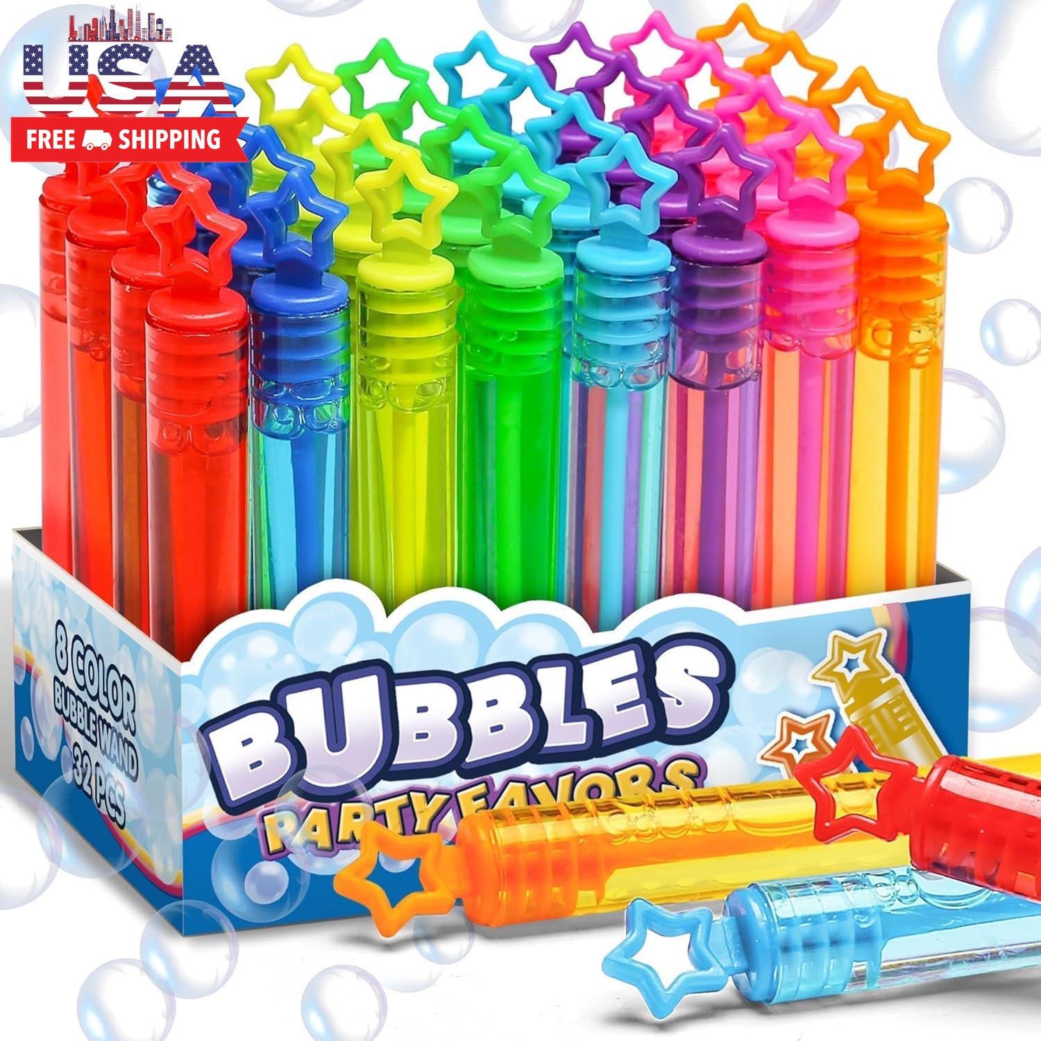 32 Pcs 8 Colors Neon Bubbles Party Favors for Kids, Mini Star Bubble Wand Bulk i