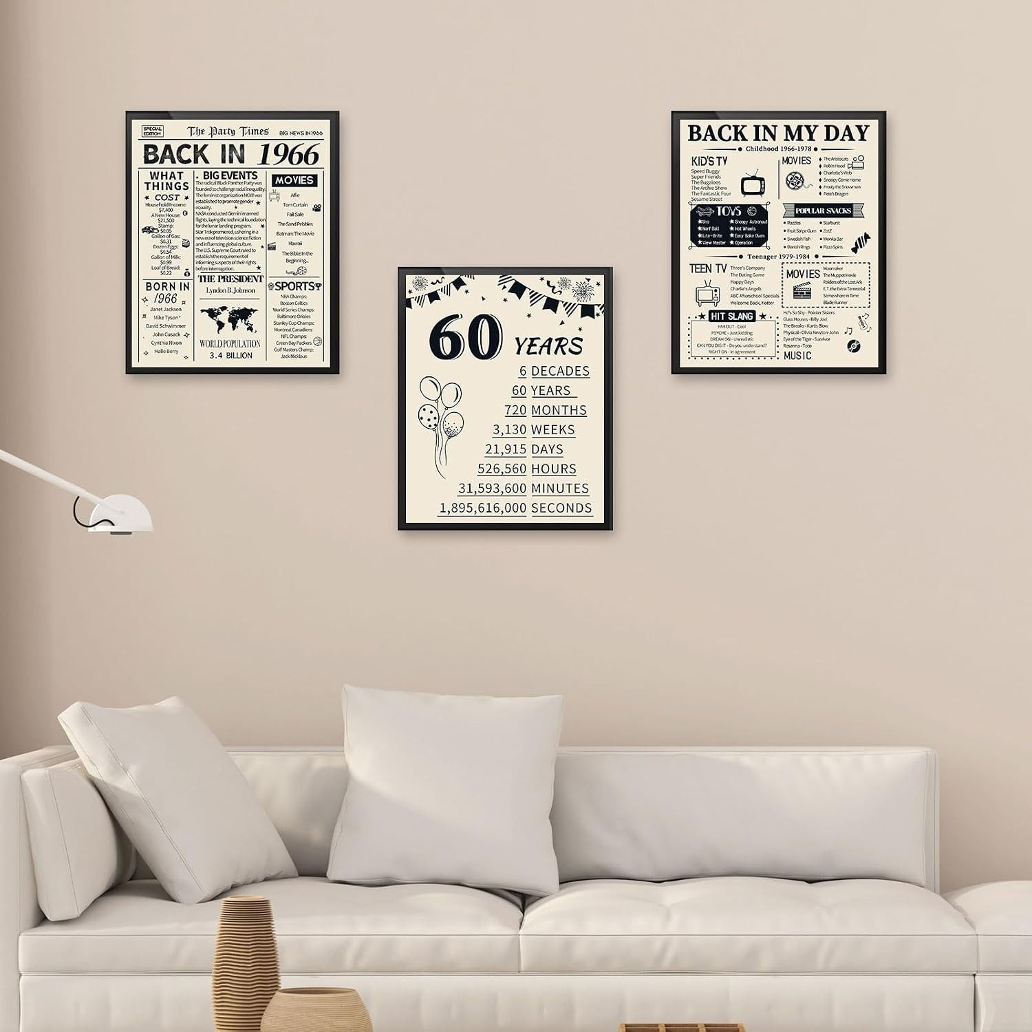 Retro 60th Birthday Decorations: 3 Vintage Posters Celebrating 1966 Memories