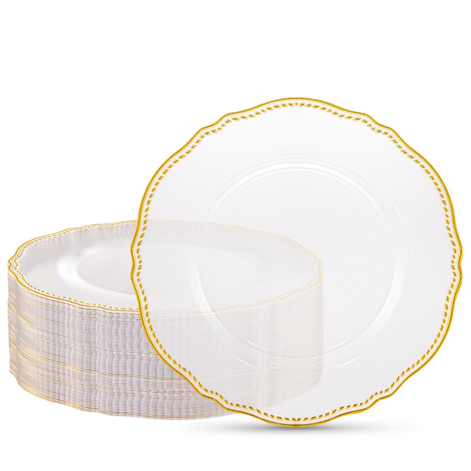 60pcs Clear Plastic Plates Clear and Gold Disposable Dinnerware with Gold Ri…