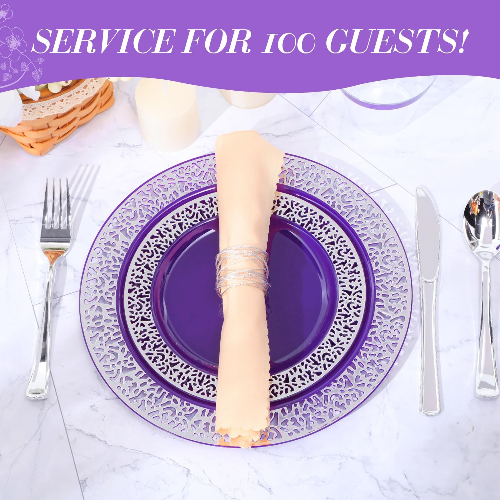 Suclain Purple 600 Pcs Plastic Plate Dinnerware Set for 100 Guests Including …