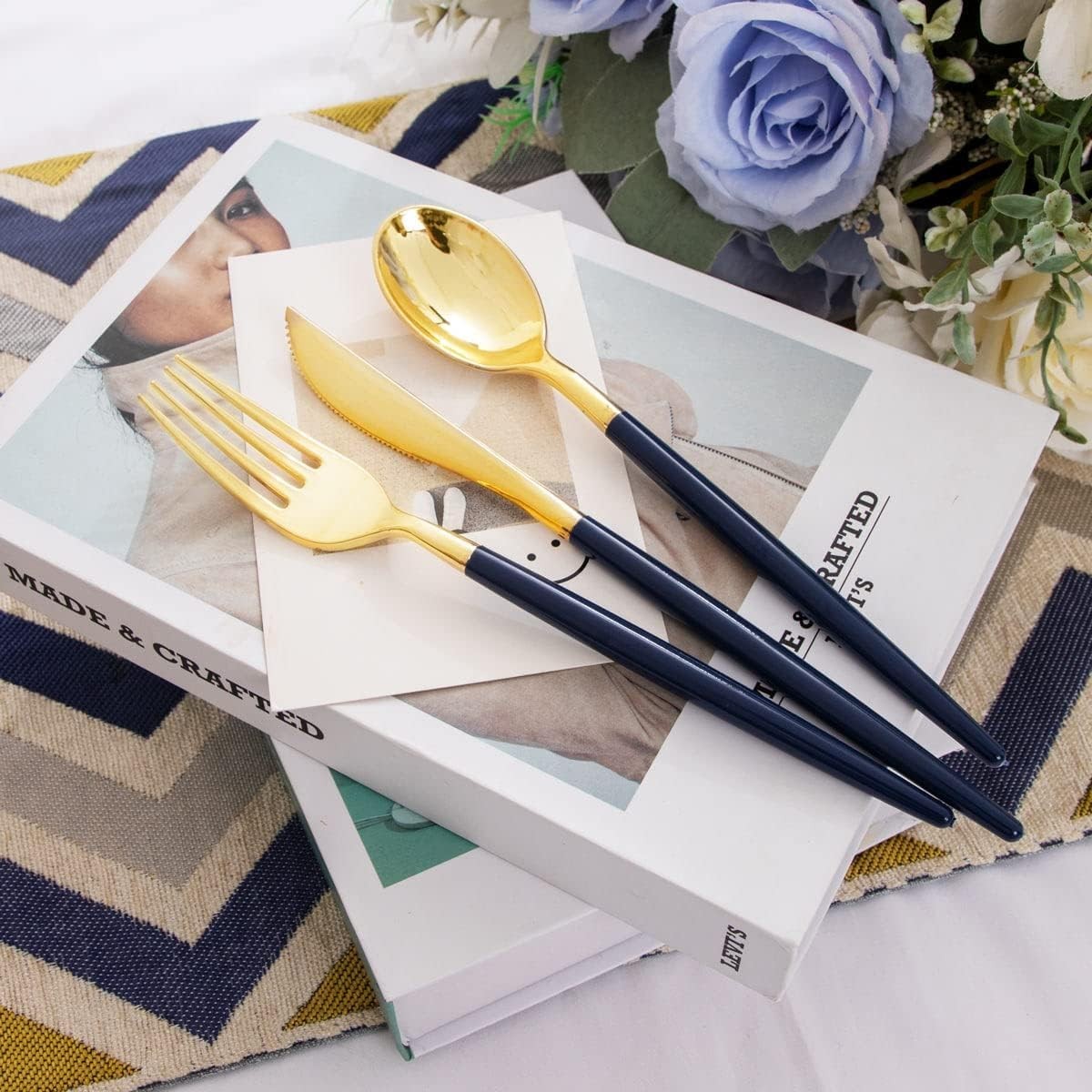 150PCS Blue Plastic Plates – Gold Plastic Silverware with Blue Handle – Navy …