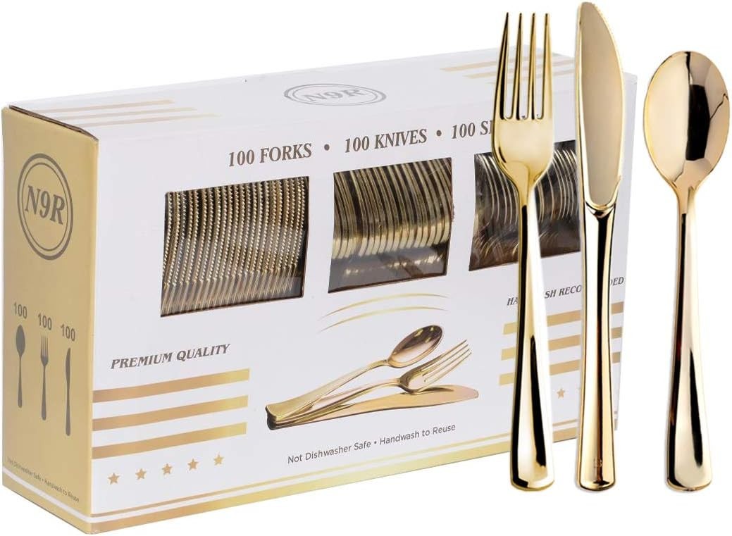 300PCS Gold Plastic Silverware, Heavy Duty Gold Plastic Cutlery Set Disposabl…
