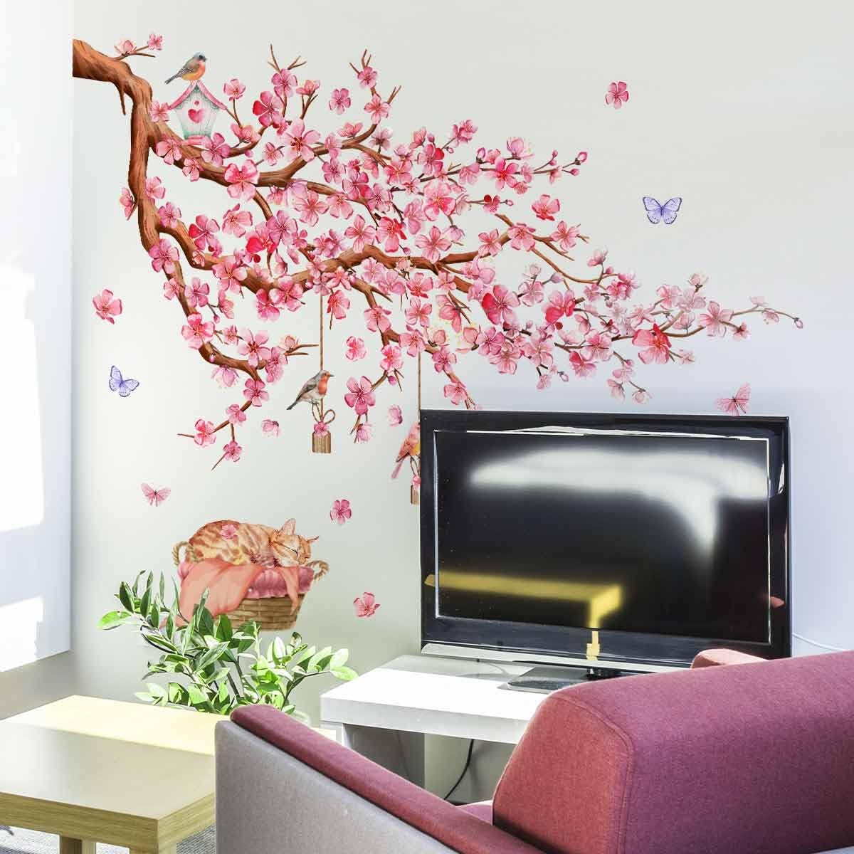Siraveil Art Cherry Blossom Tree Wall Decals Birds Butterflies Pink Floral