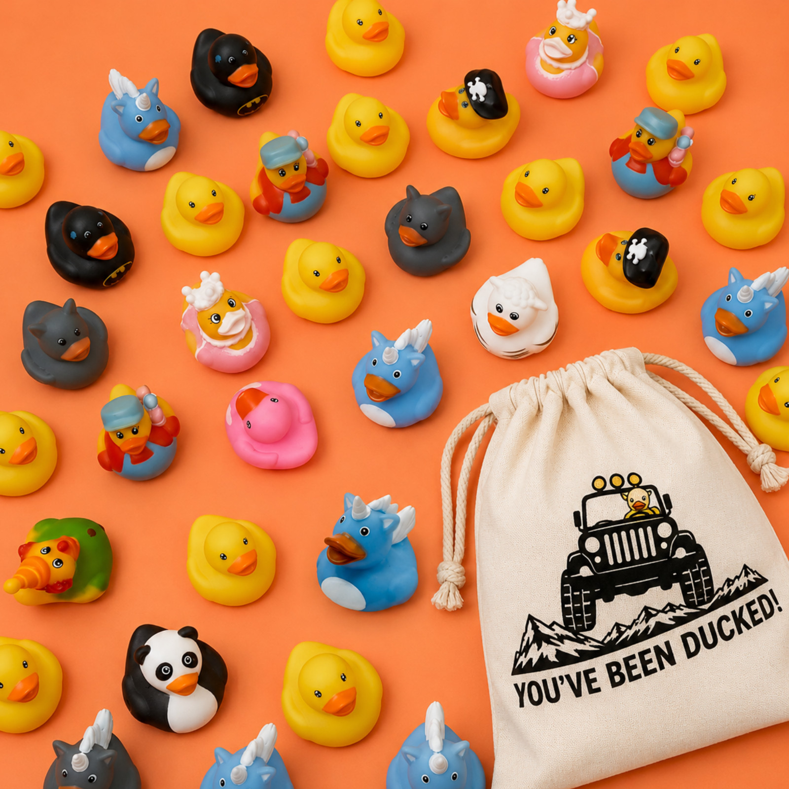 75pcs Rubber Ducks Jeep Ducking Kit 2″ Bath Toys Party Favors Bulk Jute Bag Gift