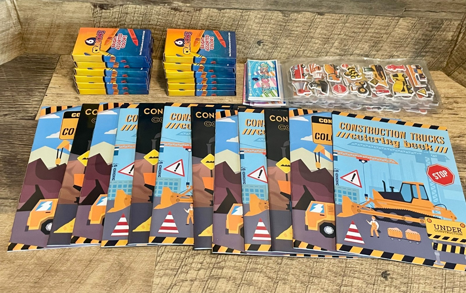 12 PK Party Favors Kids Coloring Books Stickers & Crayons Construction Vehicles