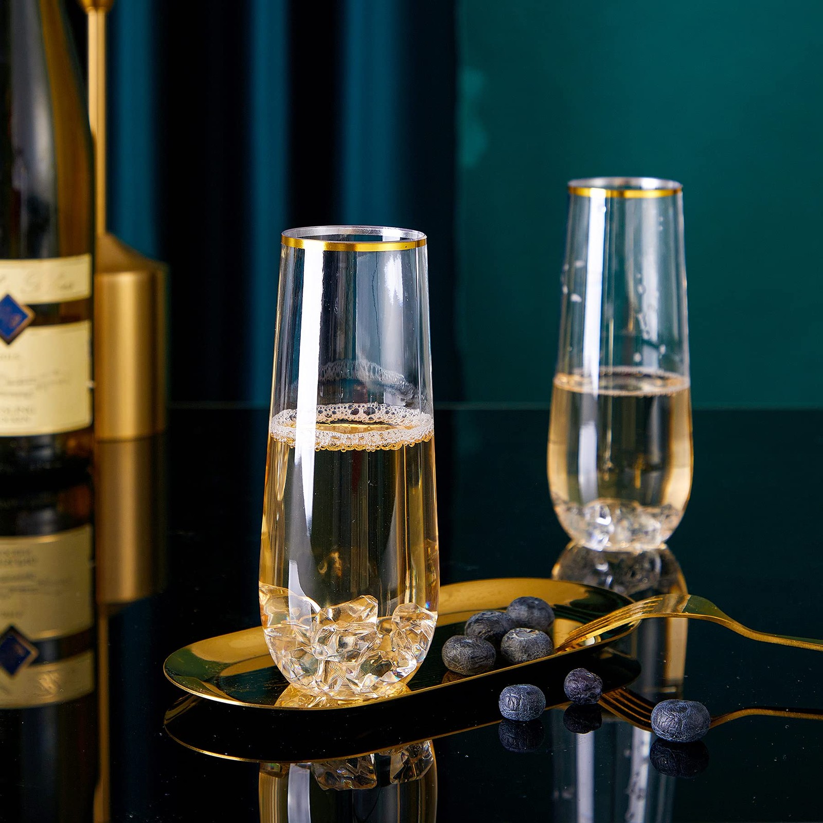 Gold Rim Plastic Flutes, 12PCS Party Drinkware, Shatterproof