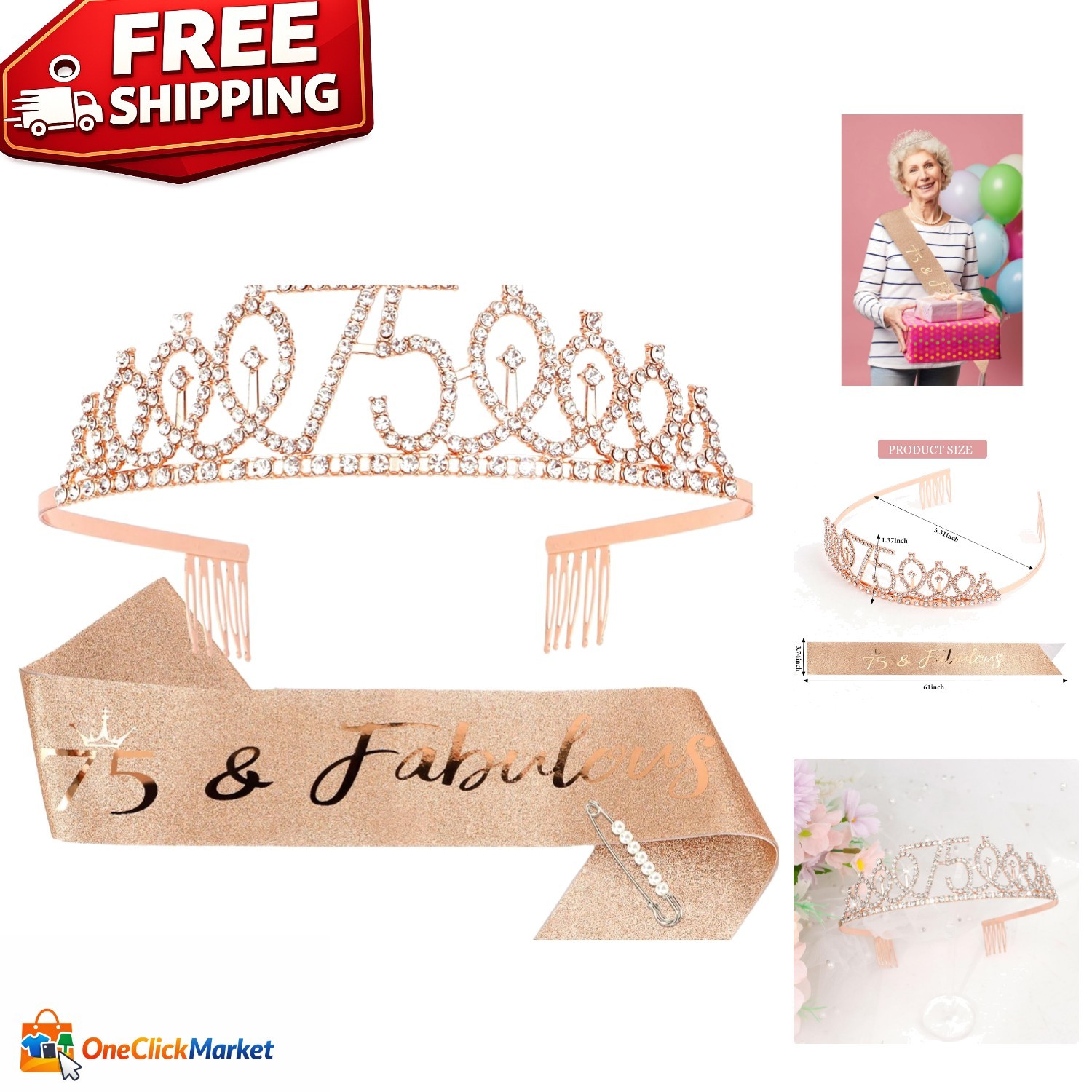 Fabulous 75th Birthday Crown and Sash Set with Elegant Pearl Pin – Gift Ready!