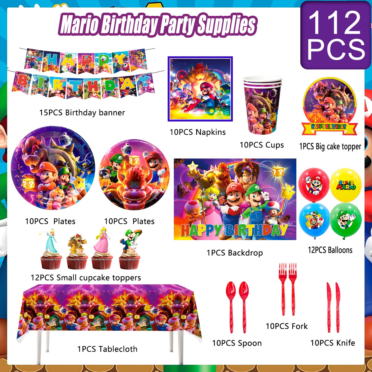 Super Mario Party Decoration Game Birthday Supplies Set Balloon Plates Backdrop
