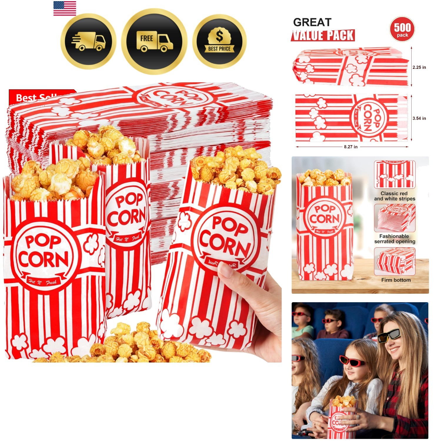 500pcs Paper Popcorn Bags for Party, 1 Oz Small Vintage Individual Servings P…