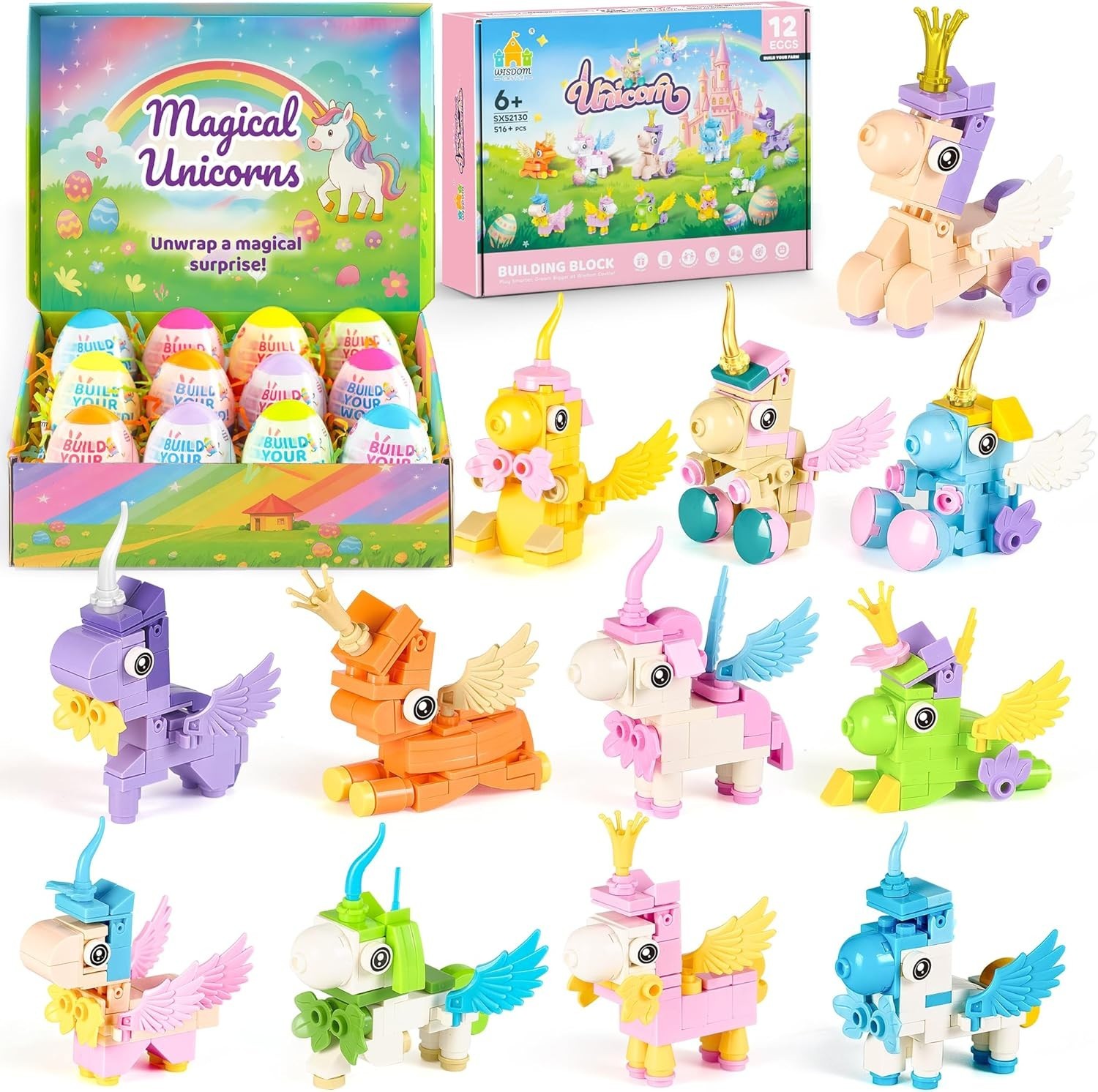 Easter Party Favors & Egg Hunt Prizes for Kids – 12 Unicorn Building Sets wit…