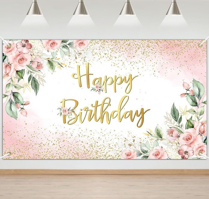 Rose Gold Birthday Backdrop for Women Pink Floral Golden Flash Happy Birthday Pa
