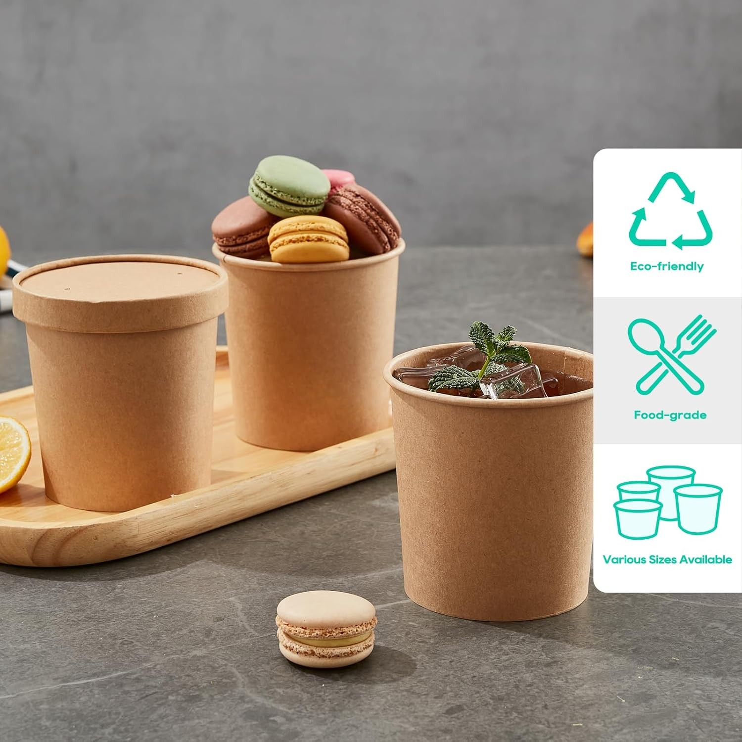 50pack 16oz Paper Soup Containers with Lids, Disposable Paper Food Cups, Brown