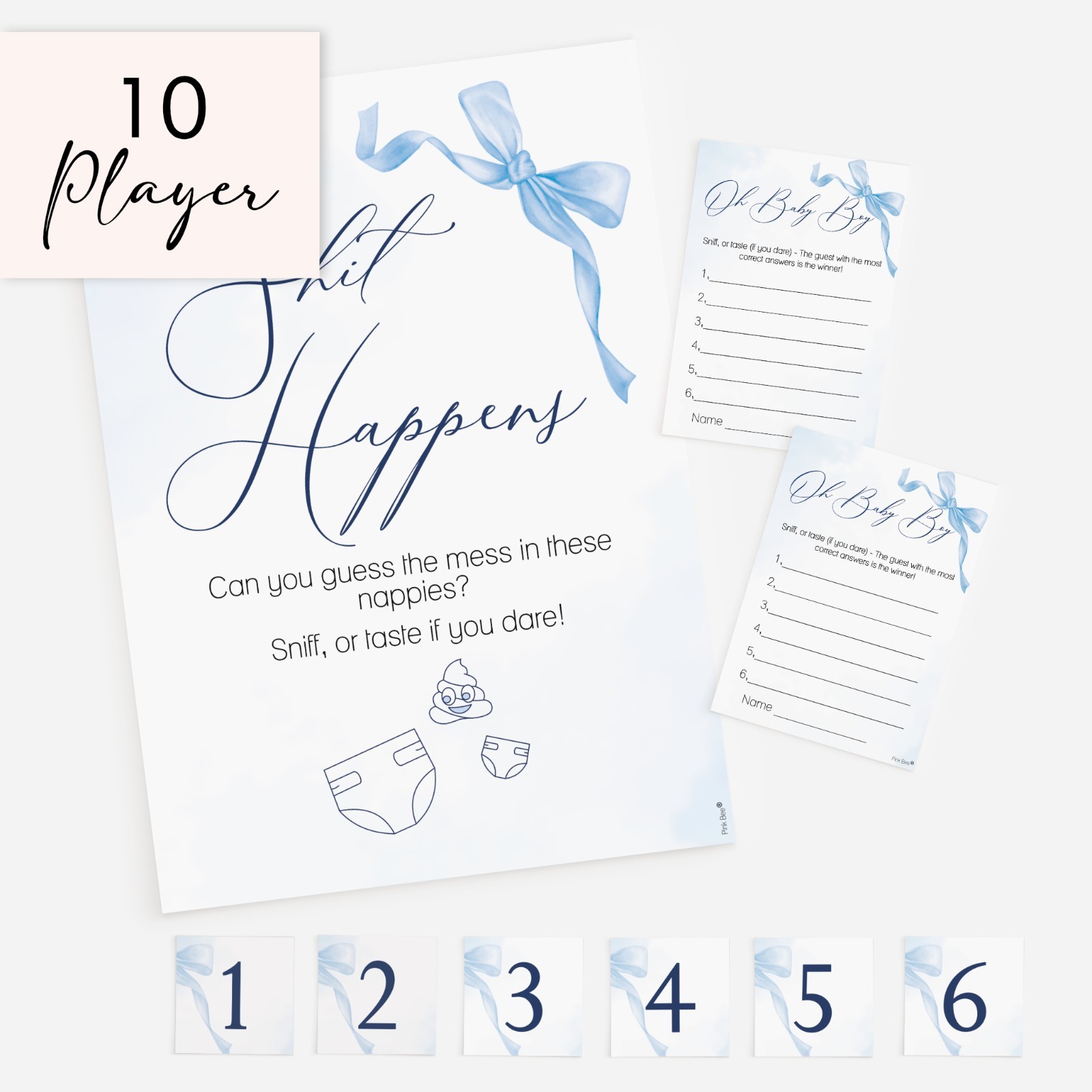 Baby Shower Games, Sh!t Happens, Blue Bow Theme, Boys, Smell, Minimalist, Rude.
