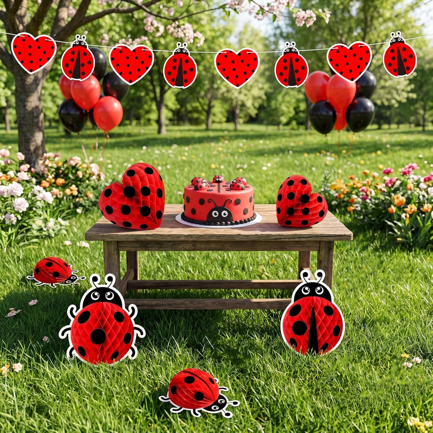 Ladybug Party Decorations 14PCS Heart Shaped Lady Bug Honeycomb Banner Set