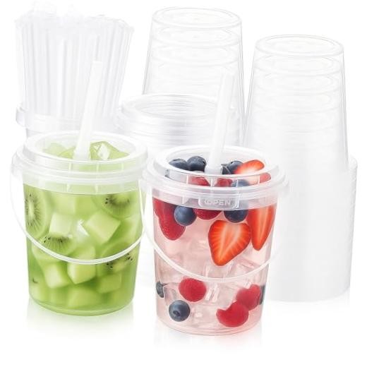 Sets Clear Plastic Drink Buckets 24 oz PP Pails with Lids Straws and 24 OZ 50