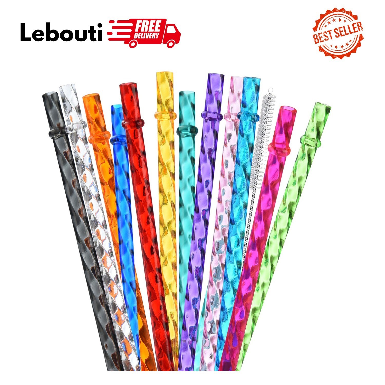 12-Pack Reusable Plastic Clear Swirl Straws, 13 Extra Long Colorful Hard Plastic
