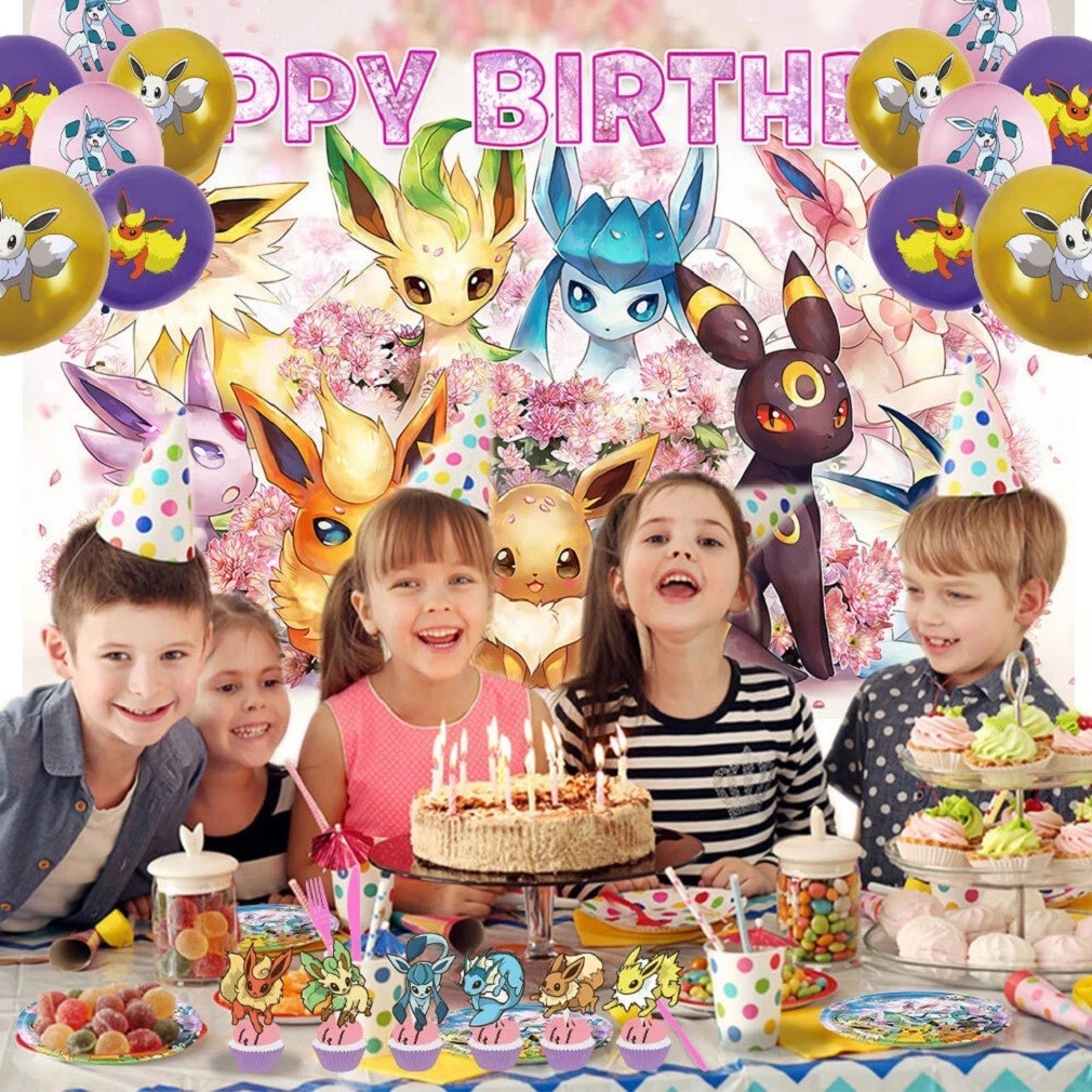 Eevee Happy Birthday Party Supplies Plates Balloon Cake Toppers Banner 5x3ft