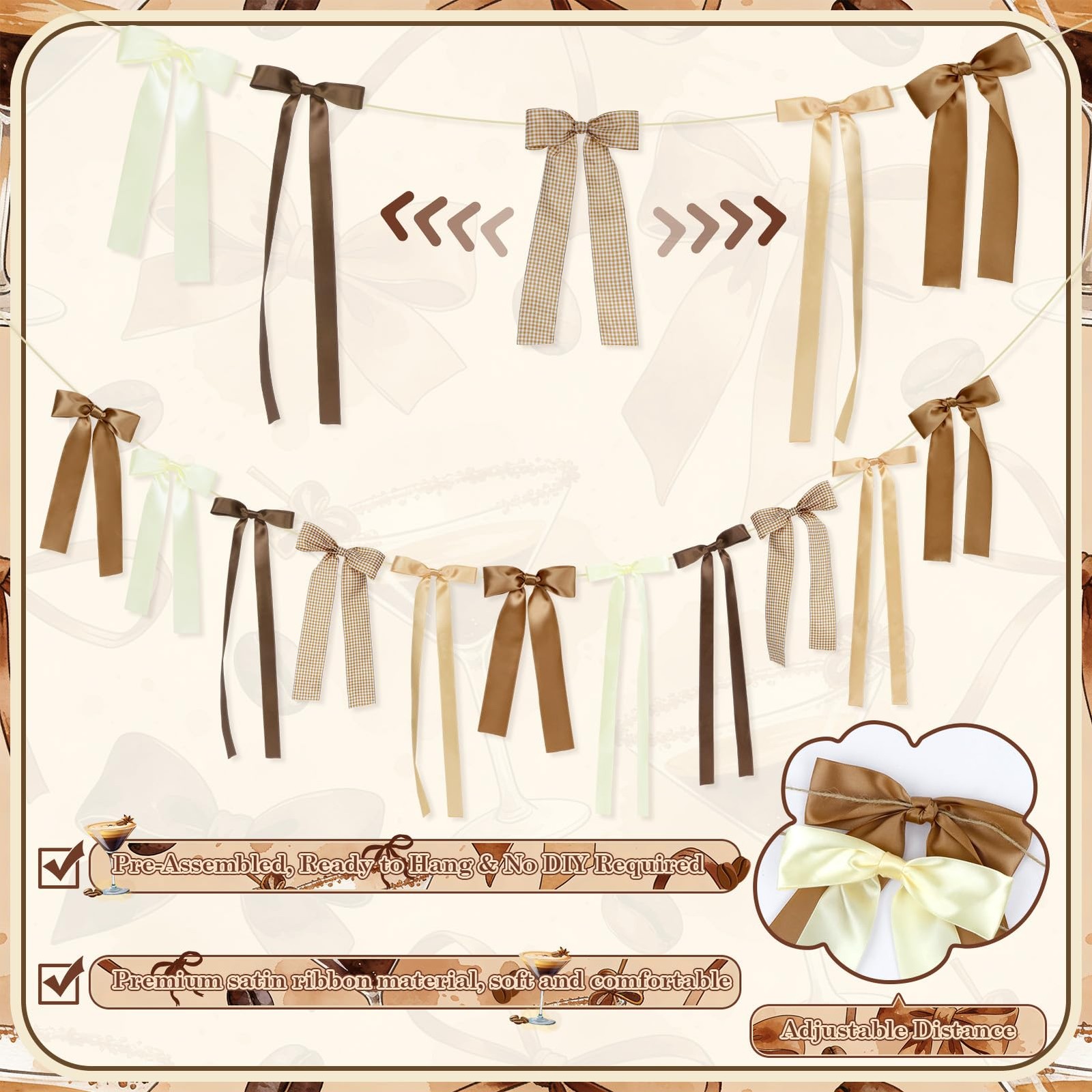 Brown Plaid Bow Garland Banner, Espresso Martini Theme Bow Garland Gingham Ri…