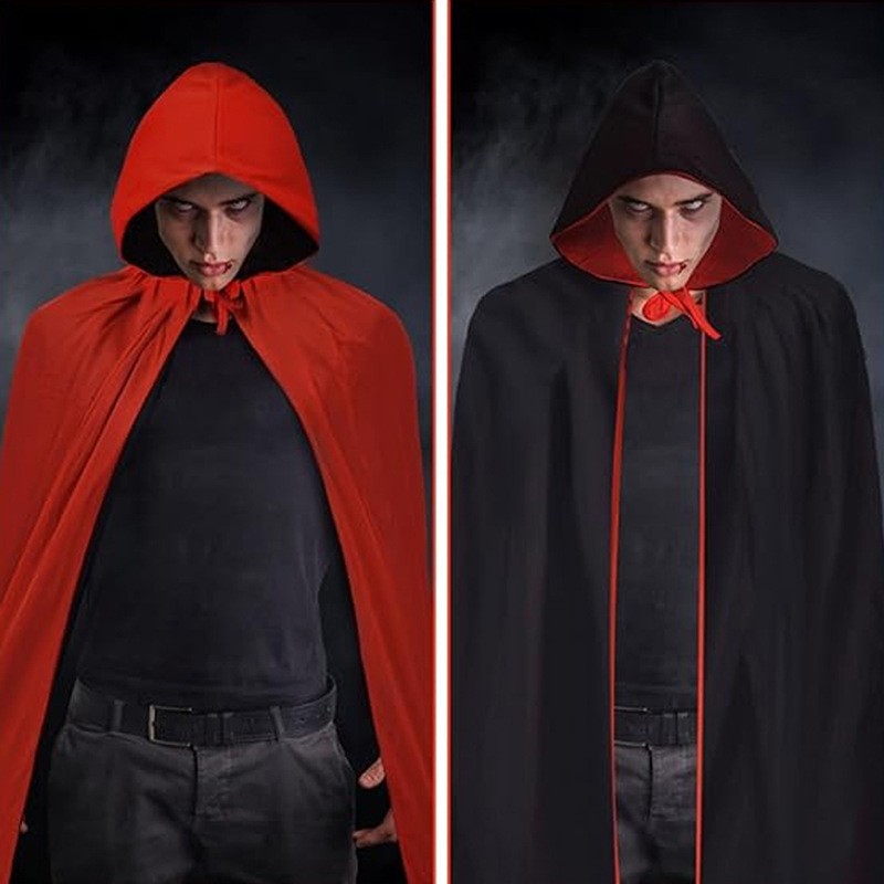On Hand Hooded Cape Adult Unisex Long Cloak Black Red Halloween Costume Dress