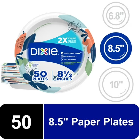 Dixie Disposable Paper Plates, 8.5″, Multi-Color, 50 Count