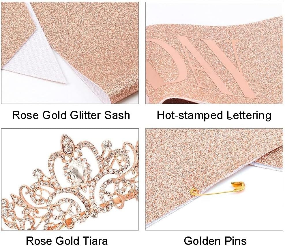 Stylish Rhinestone Tiara and Adjustable Birthday Sash Set in Rose Gold