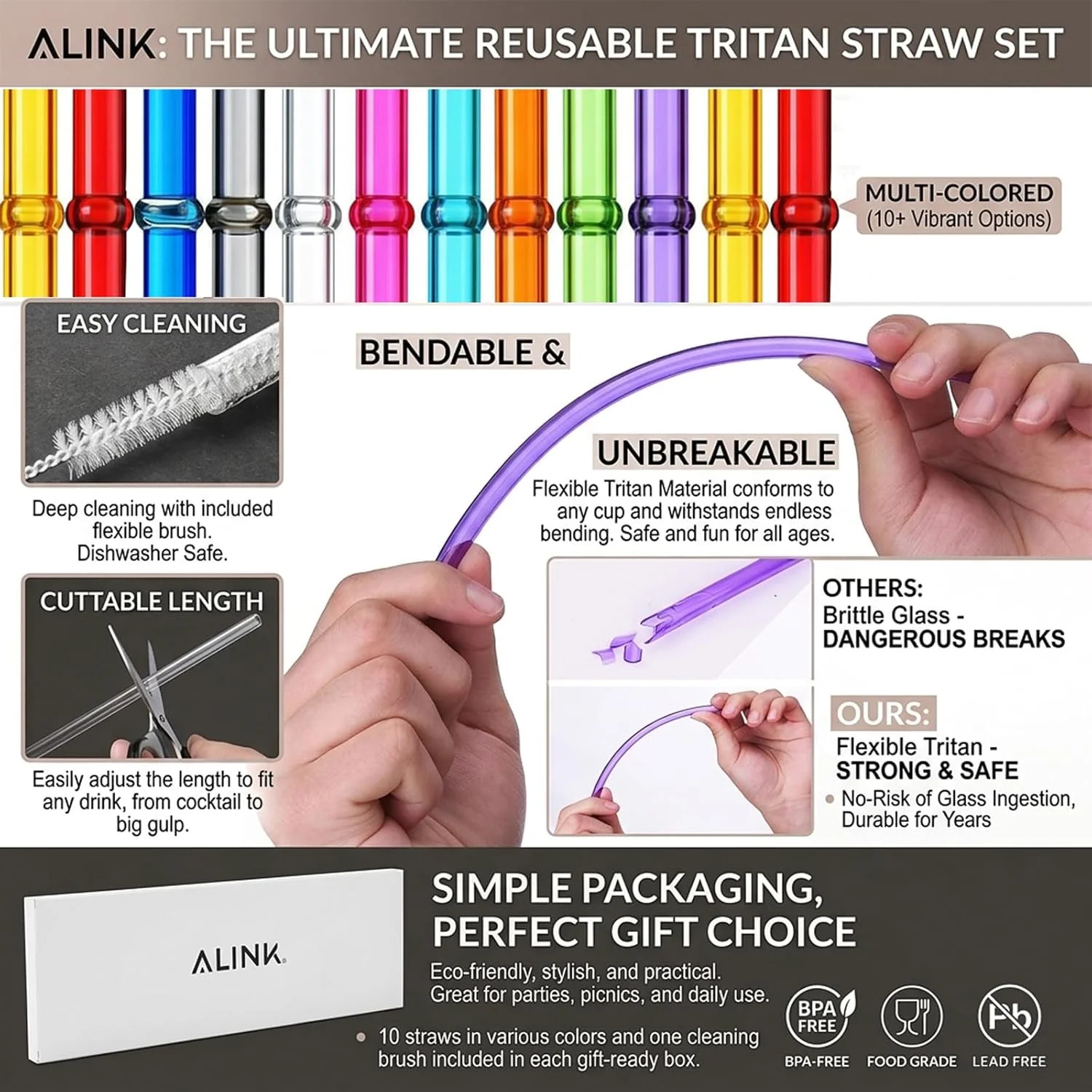 10.5 in Long Reusable Plastic Straws with Brush, Tritan Hard Plastic Tumbler Str