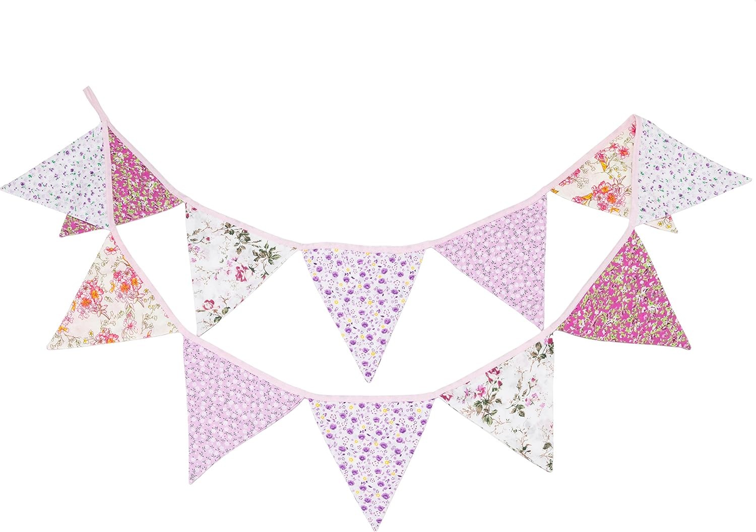 LOVENJOY Pink Floral 100% Cotton Bunting Banner for Girls 10.8 Feet, White