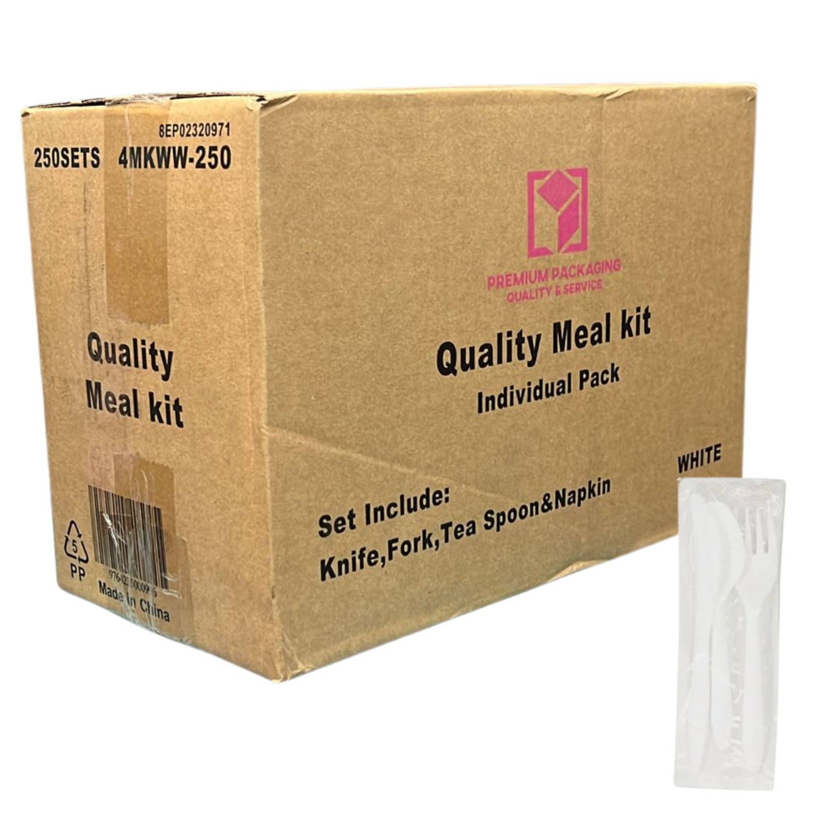 4Pcs White Medium Weight Wrapped Polypropylene Plastic Cutlery Pack with Napkin