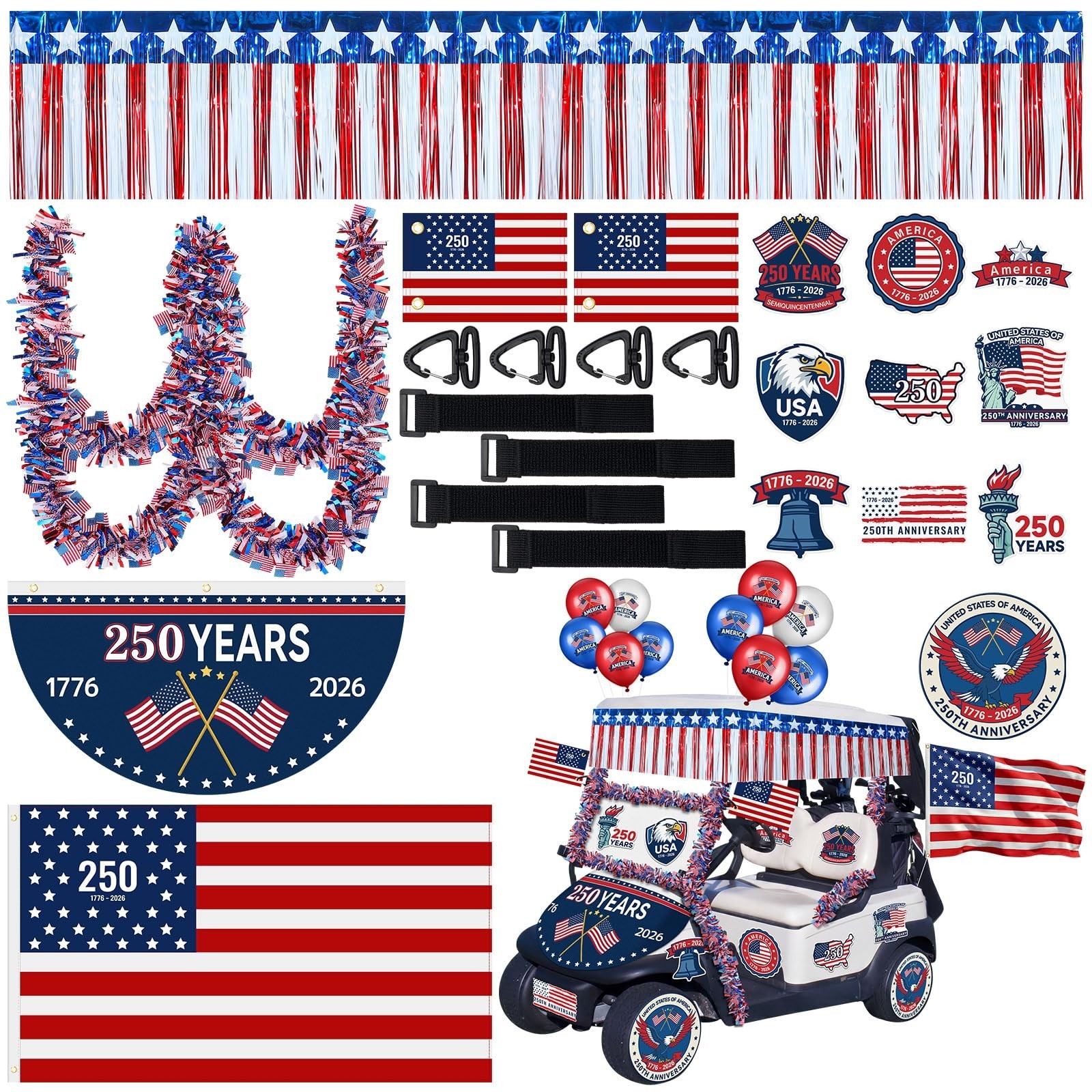 4th of July 250 Anniversary Golf Cart Decoration Patriotic Parade Decoration Kit