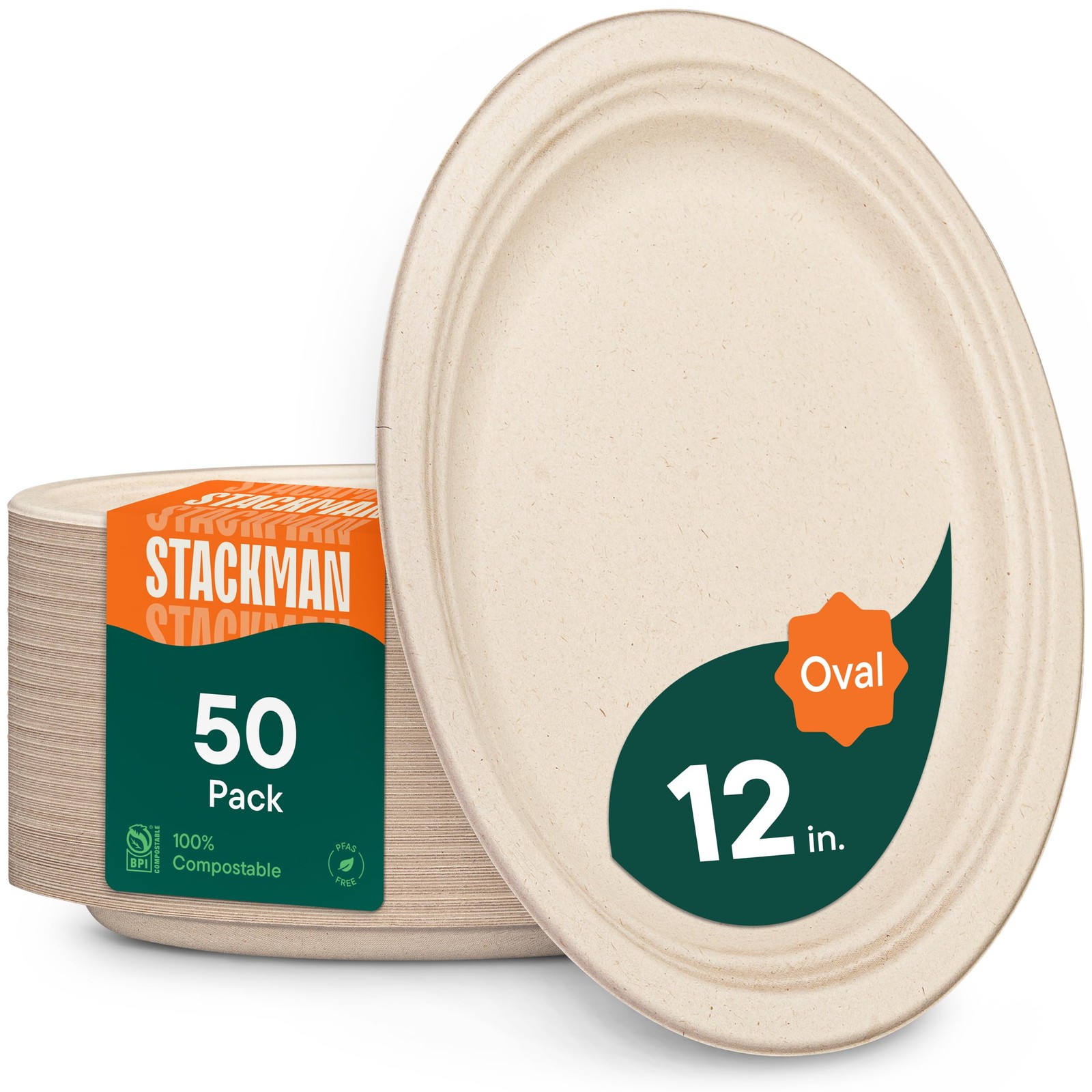 100% Compostable Oval Paper Plates [12.5 inch – 50-Pack] Large, Unbleached