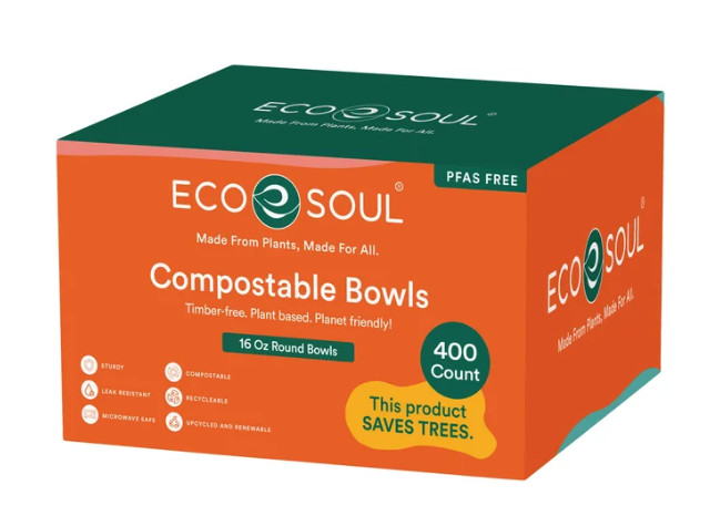 EcoSoul Compostable 16 oz Bowls Disposable Eco Friendly 400 Count Bulk Pack