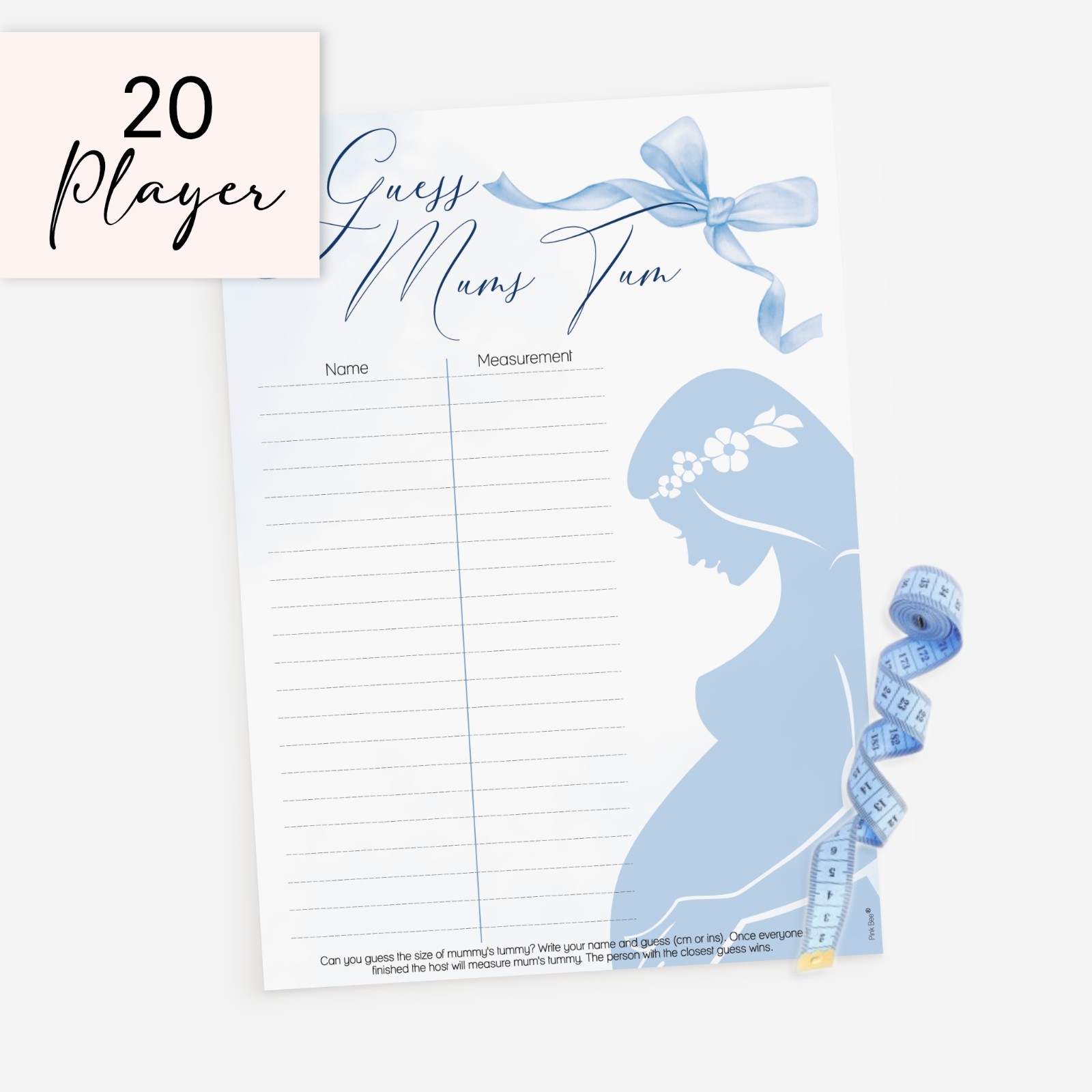 Baby Shower Game, Guess Mums Tum Blue Bow Theme, Ribbon, Boys, Minimalist