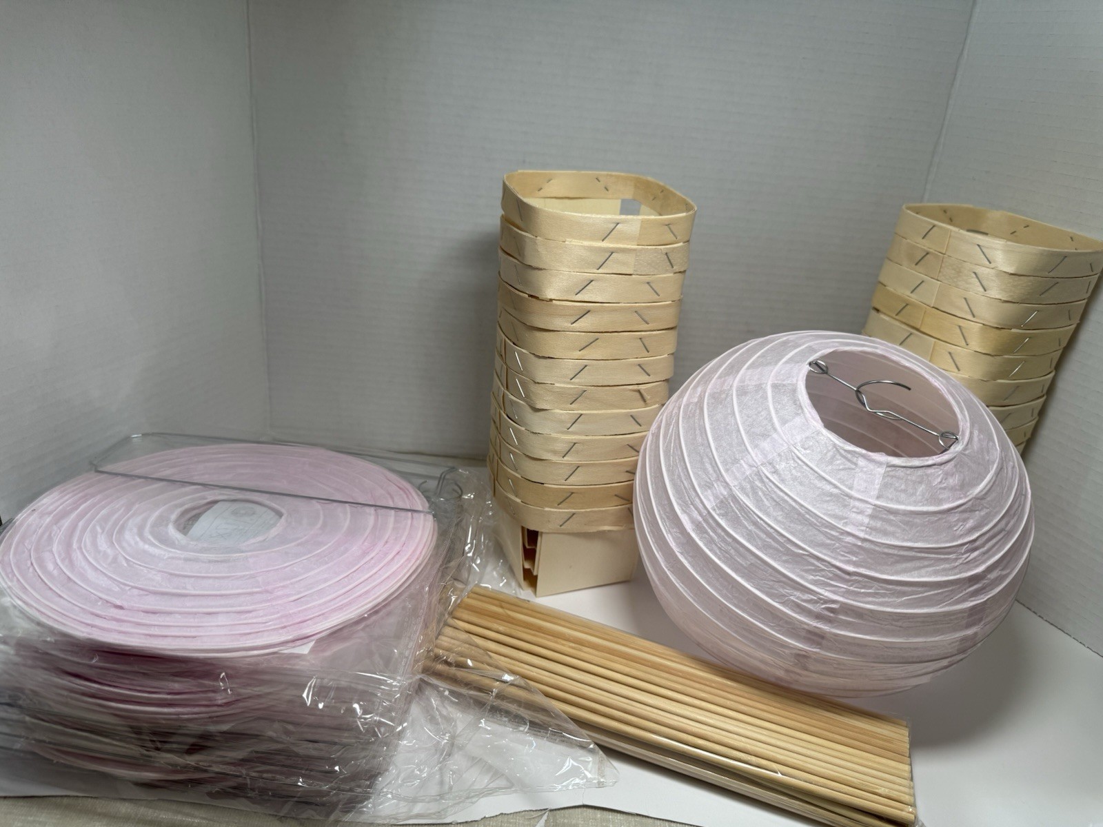 Pink Beige Paper Party Lanterns with Wooden Baskets Set, Solid Plain Decoration
