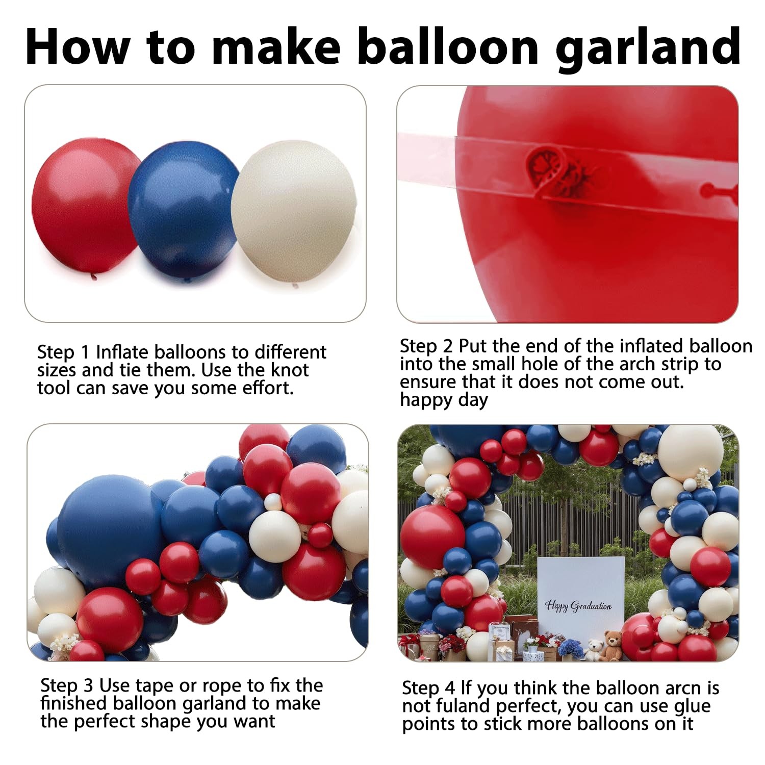 Red White Blue Balloons Arch Kit, Double Stuffed Dark Ruby Red Navy Blue Ivory W