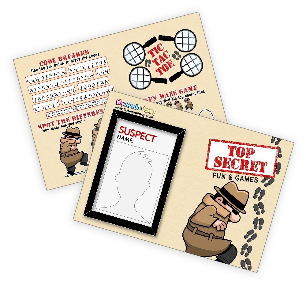 Pack of 24 – Top Secret Fun and Games Activity Sheets – Spy Party Bag Fillers