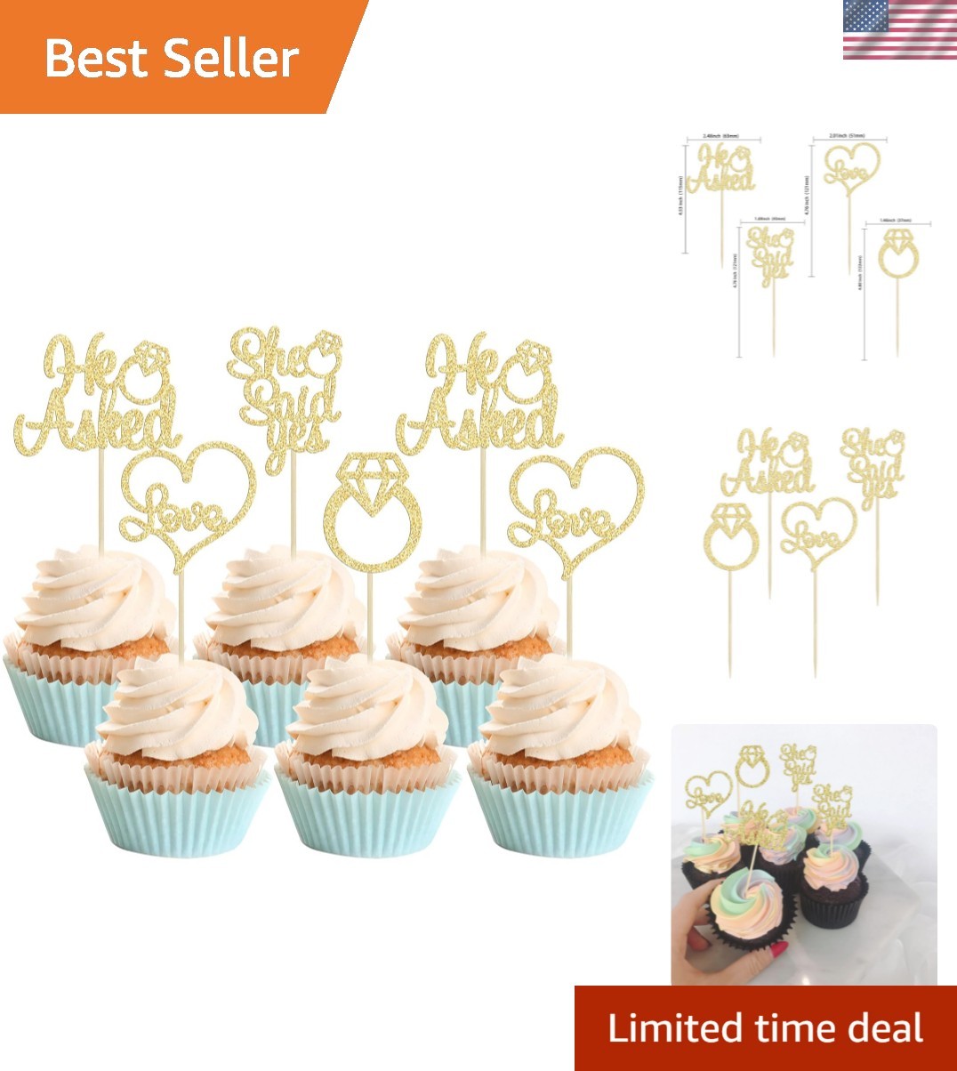 He Asked She Said Yes Cupcake Toppers Gold Glitter Diamond Ring Heart Love Ca…