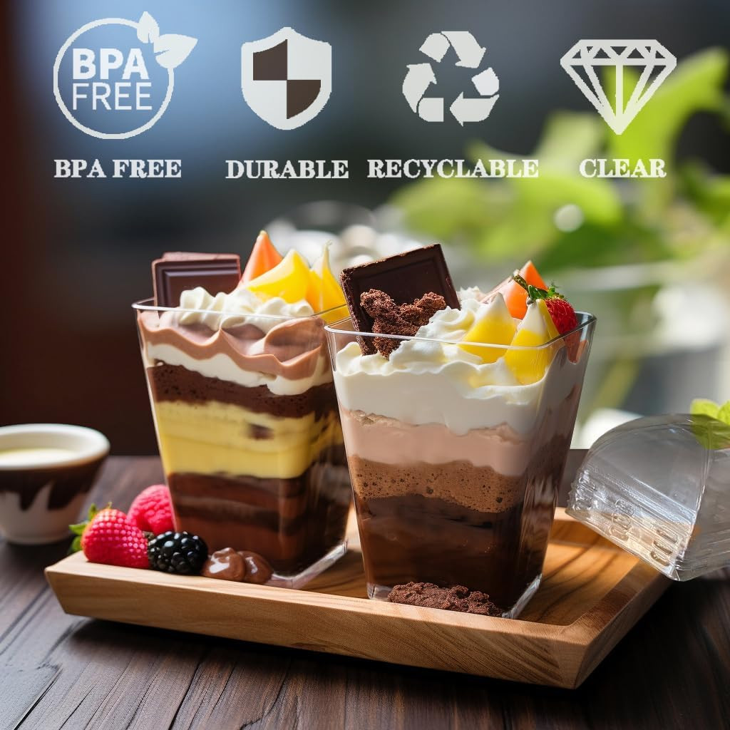 50Pack 5Oz Clear Plastic Dessert Cups with Lids and Spoons, Reusable Square Parf