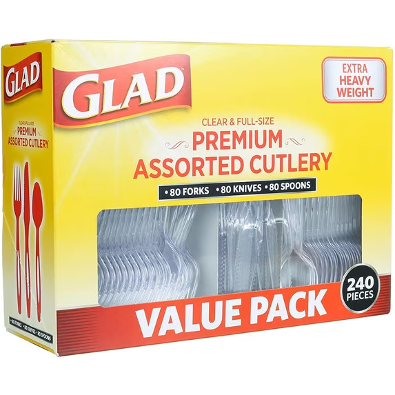 Glad 240 Count Clear Plastic Cutlery Set Forks Knives Spoons Party Utensils