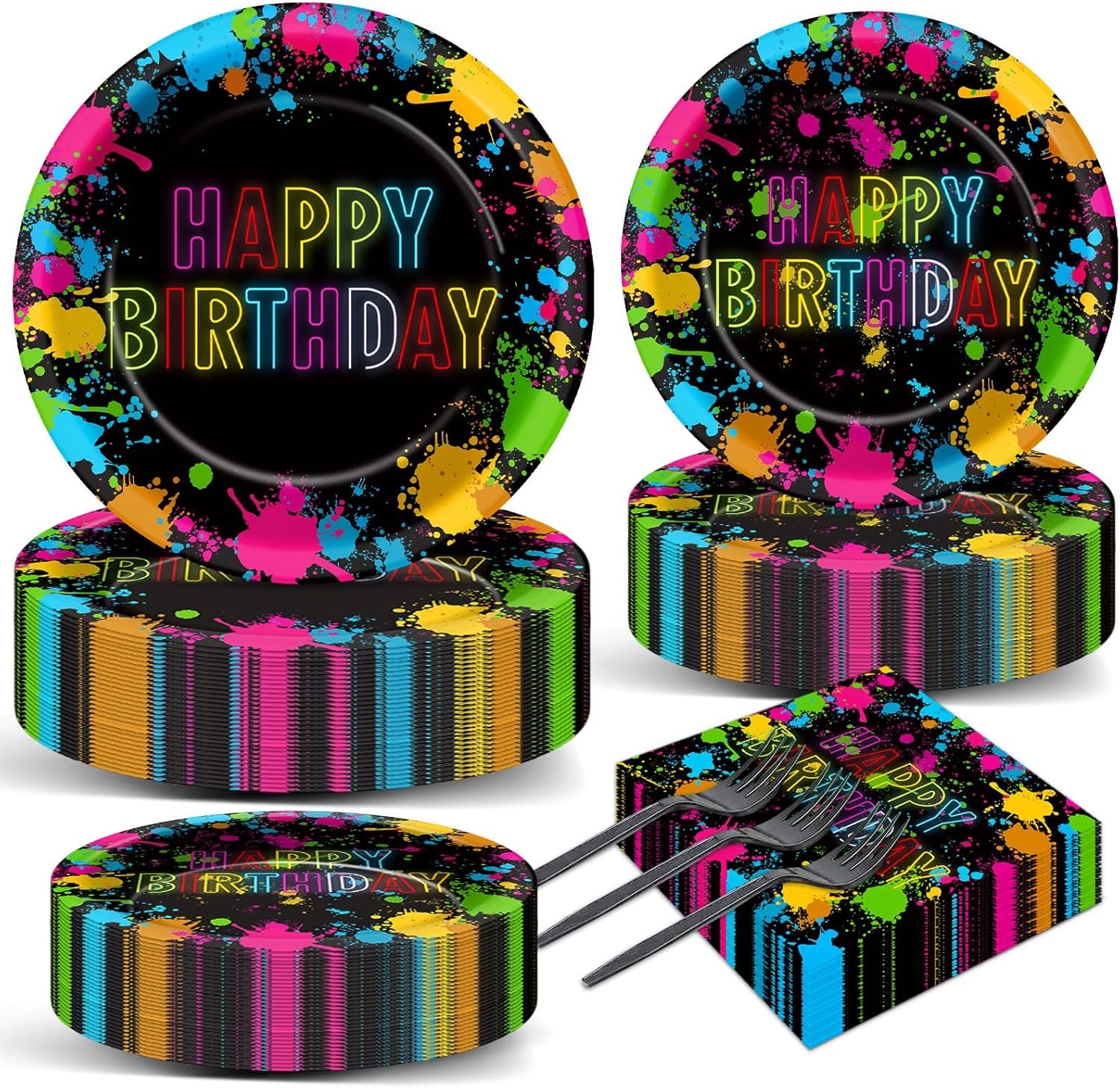 200pcs Neon Party Paper Plate and Napkins Supplies Neon Birthday Party