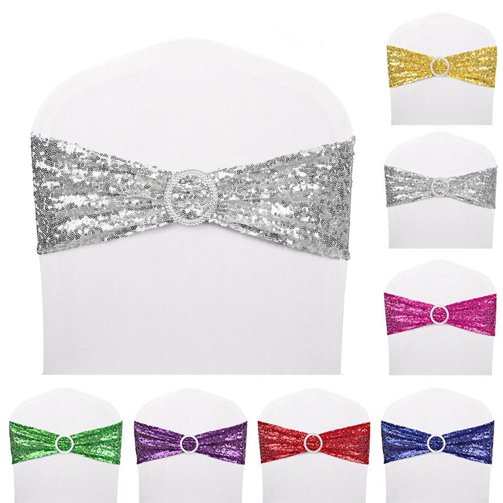 50 PCS Silver Stretch Sequin Chair Sashes Spandex Bands Wedding Event Decor