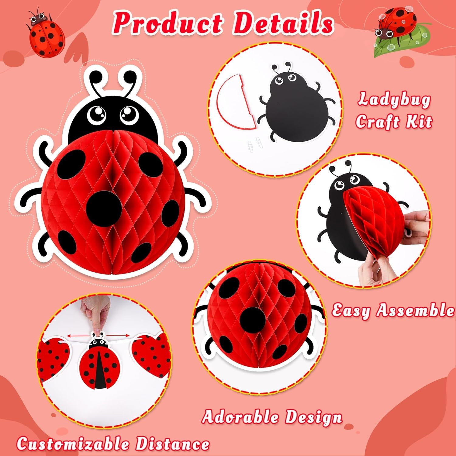 Ladybug Party Decorations 14PCS Heart Shaped Lady Bug Honeycomb Banner Set