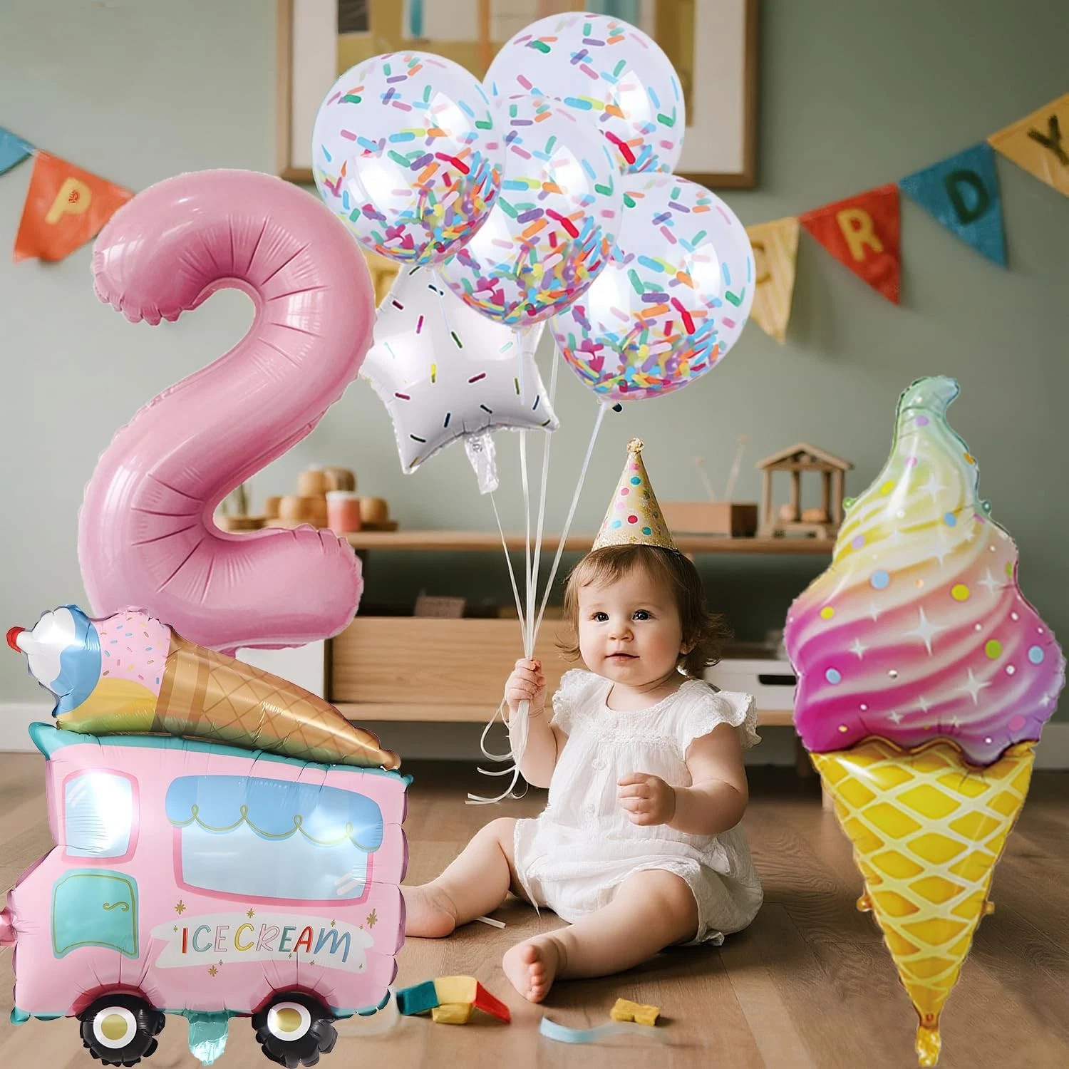 2nd Birthday Decor, Ice Cream Balloons & Cone Hat to Celebrate Your Special Girl
